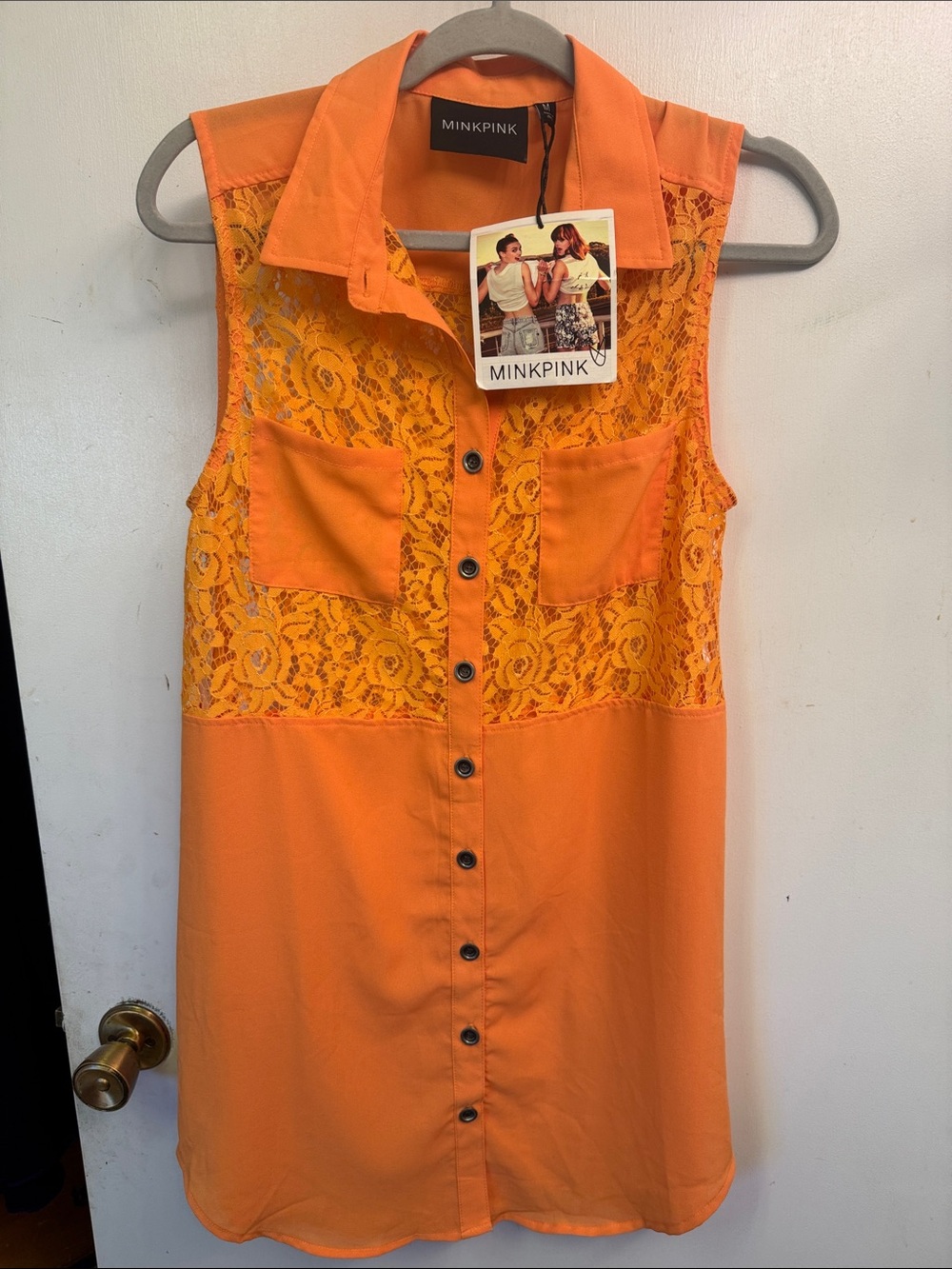 MINKPINK womens Orange Lace-Panel Sleeveless Shirt Jacket
